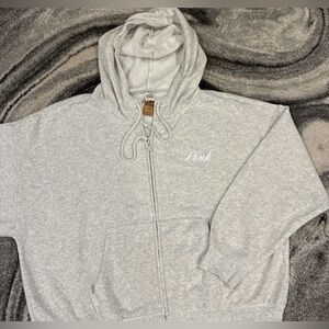 New Victoria’s Secret Pink Full Zip Hoodie (S) Drawstring Logo Gray CC 4BBW NWT